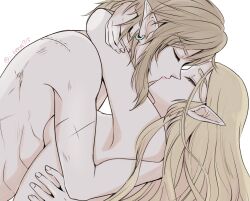 Rule 34 | 1boy, 1girl, blonde hair, closed eyes, completely nude, couple, earrings, face-to-face, facing another, hetero, hug, jewelry, kiss, leaning back, leaning forward, leaning on person, link, lipstick, long hair, makeup, multiple scars, nintendo, nude, pointy ears, princess zelda, profile, scar, simple background, teraichigo, the legend of zelda, twitter username, underwear, white background