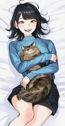 Rule 34 | 1girl, animal, black hair, black shorts, blue sweater, cat, colored eyelashes, commentary request, feet out of frame, highres, holding, holding animal, holding cat, long sleeves, looking at viewer, lying, nzenzenzenze, on back, on bed, open mouth, original, short hair, shorts, sleeves past wrists, smile, solo, sweater, teeth, upper teeth only, yellow eyes