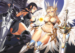 Rule 34 | 2girls, absurdres, angel, angel wings, armor, armored dress, aselica (king&#039;s raid), ass, bikini armor, black hair, blonde hair, blue eyes, boots, braid, breasts, dress, dual persona, fingerless gloves, from behind, gloves, high heel boots, high heels, highres, king&#039;s raid, large breasts, long hair, lucknight, multiple girls, open mouth, panties, parted lips, pointy ears, red eyes, short dress, sword, thigh boots, thighhighs, underwear, upskirt, weapon, wings