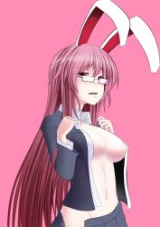 Rule 34 | 1girl, animal ears, bad id, bad pixiv id, bespectacled, blush, breasts, rabbit ears, cleavage, dress shirt, embarrassed, female focus, glasses, groin, highres, large breasts, long hair, marubororaito, navel, no bra, no panties, open clothes, open shirt, open skirt, pleated skirt, purple hair, red eyes, reisen udongein inaba, shirt, skirt, solo, tears, touhou, undressing, upper body, very long hair