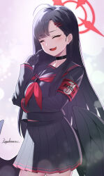 Rule 34 | 1girl, ahoge, arm across waist, artist name, black choker, black gloves, black hair, black sailor collar, black serafuku, black shirt, black skirt, black wings, blue archive, blush, choker, closed eyes, commentary, contrapposto, feathered wings, gloves, hair ornament, hairclip, halo, highres, ichika (blue archive), kegakimaru, long hair, long sleeves, low wings, midriff peek, neckerchief, open mouth, pleated skirt, red neckerchief, sailor collar, school uniform, scratching cheek, serafuku, shirt, signature, skirt, smile, solo, standing, straight hair, very long hair, wings