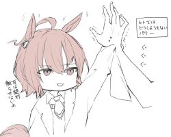 Rule 34 | 1girl, agnes tachyon (umamusume), ahoge, animal ears, commentary request, hair between eyes, hair ornament, hitode (ziburi), horse ears, horse girl, horse tail, lab coat, necktie, open mouth, short hair, sleeves past wrists, tail, translation request, umamusume