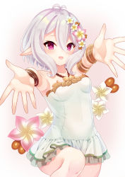 Rule 34 | 1girl, :d, absurdres, armpits, bracelet, breasts, flower, hair between eyes, hair flower, hair ornament, highres, jewelry, kokkoro (princess connect!), kokkoro (summer) (princess connect!), one-piece swimsuit, open mouth, pointy ears, princess connect!, purple eyes, reaching, reaching towards viewer, shiorin1910, short hair, silver hair, smile, solo, swimsuit