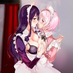 Rule 34 | 2girls, apron, asymmetrical docking, black neckwear, blush, bow, bowtie, bra, bra pull, grabbing another&#039;s breast, breast press, breasts, clothes pull, collared dress, cowboy shot, dress, frills, grabbing, hair between eyes, indoors, juliet sleeves, kiss, large breasts, light particles, long hair, long sleeves, looking at viewer, maid day, maid headdress, multiple girls, open mouth, original, pink dress, pink eyes, pink hair, puffy sleeves, purple bra, purple dress, purple eyes, purple hair, saliva, saliva trail, short hair, sidelocks, sweat, sweetpotsp, tongue, tongue out, underwear, white apron, wrist cuffs, yuri