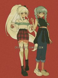 Rule 34 | 2girls, alternate costume, arm at side, bare shoulders, belt, black bow, black footwear, black skirt, blonde hair, blush, boots, bow, braid, casual, clothes around waist, commentary, criis-chan, cup, danganronpa (series), danganronpa 2: goodbye despair, denim, disposable cup, drinking straw, glasses, grey hair, grey sweater, hair bow, hand up, holding, holding cup, jacket, jacket around waist, jeans, long hair, looking at another, multiple girls, pants, pekoyama peko, pencil skirt, plaid, plaid skirt, ponytail, red background, red skirt, rimless eyewear, shoes, skirt, smile, sneakers, sonia nevermind, sweater, symbol-only commentary, thighhighs, tumblr username, turtleneck, two-tone skirt, two-tone sweater, very long hair, white footwear, zettai ryouiki