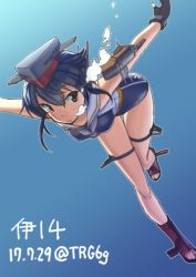 Rule 34 | 10s, 1girl, 2017, asymmetrical hair, black hair, brown eyes, character name, dated, framed breasts, gloves, hair between eyes, i-14 (kancolle), kantai collection, partially fingerless gloves, sailor collar, school swimsuit, short hair, single glove, swimsuit, trg (trg mamire), twitter username, underwater