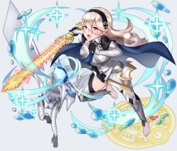 Rule 34 | 1girl, absurdres, artist name, barefoot, blonde hair, breasts, cape, commentary, corrin (dragon) (fire emblem), corrin (female) (fire emblem), corrin (fire emblem), eyelashes, fang, feet, fire emblem, fire emblem fates, full body, glowing, glowing sword, glowing weapon, hair between eyes, hairband, highres, holding, holding sword, holding weapon, huge filesize, long hair, looking at viewer, nintendo, open mouth, pointy ears, red eyes, sarukaiwolf, slit pupils, sparkle, sword, teeth, thighs, toes, tongue, weapon, yato (fire emblem)
