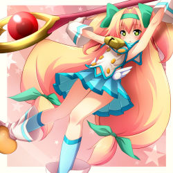Rule 34 | 1girl, arc system works, arm up, armpits, bell, blazblue, blazblue: continuum shift, blonde hair, bow, gloves, green eyes, hair bow, hairband, heart, kneehighs, long hair, low-tied long hair, muchourin, pink background, platinum the trinity, quad tails, socks, solo, staff, star (symbol), sui. (ayase), symbol-shaped pupils, two side up, very long hair