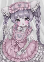 Rule 34 | 1girl, :3, bandaged arm, bandages, bow, bowtie, braid, cowboy shot, dress, frilled dress, frills, hand up, heart, highres, long hair, looking at viewer, original, pale skin, pink dress, pink headwear, puffy short sleeves, puffy sleeves, purple eyes, purple hair, revision, shiona (siona0625), short sleeves, solo, tongue, tongue out, twin braids, white bow, white bowtie, wrist cuffs