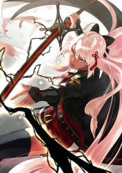 Rule 34 | 1girl, ahoge, akamiso (k074510), black bow, bow, dark-skinned female, dark skin, fate/grand order, fate (series), grey eyes, hair between eyes, hair bow, hair ornament, holding, holding sword, holding weapon, katana, long hair, looking at viewer, majin saber, okita souji (fate), okita souji (koha-ace), okita souji alter (fate), open mouth, pink hair, solo, sword, thighhighs, very long hair, weapon