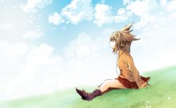 Rule 34 | 1girl, alternate costume, boots, brown hair, cloud, contemporary, day, grass, headphones, makuwauri, musical note, pointy hair, sitting, skirt, sky, solo, touhou, toyosatomimi no miko
