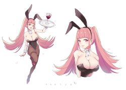Rule 34 | 1girl, animal ears, bare shoulders, black leotard, blunt bangs, blush, breasts, cleavage, covered navel, cup, drinking glass, fake animal ears, female focus, fire emblem, fire emblem: three houses, fire emblem heroes, full body, heart, highleg, highleg leotard, highres, hilda valentine goneril, large breasts, leotard, long hair, looking at viewer, matching hair/eyes, multiple views, necktie, nintendo, open mouth, pantyhose, pink eyes, pink hair, playboy bunny, rabbit, rabbit ears, rabbit tail, red footwear, see-through, see-through legwear, skindentation, smile, standing, tail, twintails, waitress, white background, wine glass, wrist cuffs, zedoraart