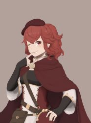 Rule 34 | 1girl, anna (fire emblem), cloak, curly hair, fingerless gloves, fire emblem, fire emblem awakening, fire emblem fates, gloves, grey background, grin, highres, kkonisa, looking at viewer, nintendo, one eye closed, pouch, red eyes, red hair, simple background, smile, solo