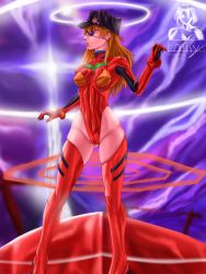 Rule 34 | 1girl, absurdres, adapted costume, artist name, artist request, boot, brown hair, cameltoe, curvy, eyepatch, hair ornament, highleg, highleg leotard, highres, interface headset, leotard, long hair, looking away, neon genesis evangelion, plugsuit, rebuild of evangelion, red eyes, red leotard, shiny clothes, simple background, sky, solo, souryuu asuka langley, two side up, wide hips
