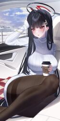 Rule 34 | 1girl, absurdres, aqua74286, black hair, black pantyhose, blue archive, blush, breasts, bright pupils, cup, disposable cup, drink, hair ornament, hairclip, halo, highres, holding, holding drink, jewelry, large breasts, long hair, long sleeves, looking at viewer, necklace, on vehicle, pantyhose, red eyes, rio (blue archive), solo, sweater, turtleneck, turtleneck sweater, very long hair, white sweater