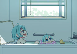 2girls absurdres ahoge aqua_eyes bath bathing blue_eyes blue_hair blush_stickers c: cirno clone closed_mouth fang fumo_(doll) highres ice ice_wings indoors jitome kame_(kamepan44231) light_blue_hair looking_up multiple_girls nude open_mouth rubber_duck short_hair sidelocks skin_fang smile swim_ring touhou water window wings