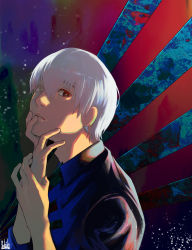 Rule 34 | 1boy, absurdres, bright pupils, brown eyes, closed mouth, expressionless, hair between eyes, head rest, highres, holding, holding own wrist, impaled, kaneki ken, looking at viewer, male focus, signature, solo, tokishima sikuka, tokyo ghoul, white hair, white pupils