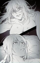 Rule 34 | 1boy, 1girl, bedivere (fate), breasts, clenched teeth, collarbone, comic, commentary request, crying, fate/grand order, fate (series), fujimaru ritsuka (female), girl on top, greyscale, hair tubes, hetero, highres, kulissara-aung, lying, medium breasts, monochrome, nude, on back, streaming tears, teardrop, tears, teeth, thai commentary