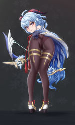 Rule 34 | 1girl, absurdres, ahoge, ass, ass grab, bare shoulders, bent over, black pantyhose, blue hair, bodysuit, bow (weapon), cameltoe, deep skin, detached sleeves, from behind, ganyu (genshin impact), genshin impact, goat horns, highres, horns, leotard, long hair, looking at viewer, looking back, luizhtx, pantyhose, purple eyes, shiny clothes, shoes, smile, solo, thighs, very long hair, waist cape, weapon