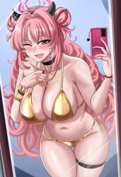 Rule 34 | 1girl, ;d, absurdres, bikini, black choker, blue archive, blush, breasts, cellphone, cellphone charm, charm (object), choker, cleavage, demon horns, double bun, drie, fake horns, fang, gold bikini, gold bracelet, gold necklace, gyaru, hair bun, halo, highres, holding, holding phone, horns, jewelry, kirara (blue archive), large breasts, leaning forward, long hair, looking at viewer, mirror, multiple bracelets, necklace, one eye closed, open mouth, phone, pink hair, red eyes, red halo, ring, selfie, side-tie bikini bottom, smartphone, smile, solo, swimsuit, thigh gap, thigh strap, very long hair, wavy hair