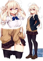 Rule 34 | 1girl, ahoge, bad id, bad twitter id, bag, black jacket, black pantyhose, blazer, blonde hair, blush, bow, bowtie, brown footwear, bunching hair, cardigan, closed mouth, collared shirt, dress shirt, glasses, hands in hair, hands in pockets, highres, jacket, loafers, long hair, looking at viewer, miniskirt, mizuki-chan (sasahara wakaba), multiple views, open clothes, open jacket, open mouth, original, over-rim eyewear, pantyhose, plaid, plaid skirt, purple eyes, red-framed eyewear, sasahara wakaba, school bag, school uniform, semi-rimless eyewear, shirt, shoes, skirt, sleeves pushed up, standing, sweatdrop, sweater vest, twintails, two side up