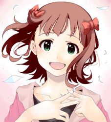 Rule 34 | 1girl, :d, amami haruka, bow, brown hair, close-up, green eyes, hair bow, idolmaster, idolmaster (classic), jewelry, mistrail, necklace, open mouth, petals, smile, solo