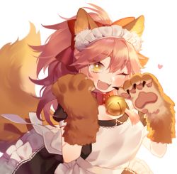 Rule 34 | alternate costume, animal ear fluff, animal ears, animal hands, apron, bell, blush stickers, braid, breasts, cat paws, cleavage, collar, enmaided, fangs, fate/grand order, fate (series), fox ears, fox girl, fox tail, frills, gloves, hair ribbon, hairband, heart, jingle bell, large breasts, long hair, looking at viewer, maid, maid apron, maid headdress, neck bell, one eye closed, open mouth, paw gloves, pink hair, ponytail, puffy short sleeves, puffy sleeves, red ribbon, ribbon, short sleeves, simple background, tail, tamamo (fate), tamamo cat (fate), tamamo cat (second ascension) (fate), tnrl12325, uniform, waist apron, white background, yellow eyes