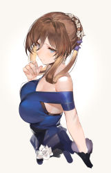 Rule 34 | 1girl, bare shoulders, blue dress, breasts, brown hair, cleavage, closed mouth, dress, earrings, flower, girls&#039; frontline, green eyes, grey background, hair between eyes, hair flower, hair ornament, hair rings, hand up, highres, jewelry, large breasts, liduke, looking at viewer, off-shoulder dress, off shoulder, official alternate costume, short hair, sidelocks, simple background, solo, springfield (girls&#039; frontline), springfield (queen in radiance) (girls&#039; frontline), tearing up, tears, upper body