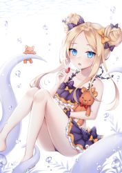 Rule 34 | 1girl, :o, abigail williams (emerald float) (fate), abigail williams (fate), air bubble, bare legs, bare shoulders, barefoot, bikini, black bikini, black bow, blonde hair, blush, bow, bubble, collarbone, commentary request, double bun, emerald float, fate/grand order, fate (series), food, fruit, hair bow, holding, holding food, looking at viewer, hugging object, official alternate costume, orange bow, parted lips, polka dot, polka dot bow, pong (vndn124), solo, strawberry, stuffed animal, stuffed toy, swimsuit, teddy bear, tentacles, white background