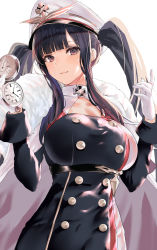 Rule 34 | 1girl, azur lane, black hair, black sash, blunt bangs, breasts, buttons, cape, cowboy shot, cross, double-breasted, dress, eyebrows hidden by hair, fur-trimmed cape, fur trim, gloves, hat, highres, iron blood (emblem), iron cross, large breasts, lips, long sleeves, looking at viewer, military, military hat, military uniform, naval uniform, peter strasser (azur lane), pocket watch, sash, simple background, solo, temir, twintails, uniform, watch, white background, white gloves
