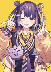 Rule 34 | 1girl, ;d, age switch, aged down, aged up, black hair, bracelet, double bun, gradient hair, grey hair, hair bun, hair ornament, hairclip, highres, jacket, jewelry, long hair, lq saku, multicolored hair, necktie, nijisanji, one eye closed, open clothes, open jacket, open mouth, purple bag, purple nails, simple background, smile, solo, ufo hair ornament, umise yotsuha, umise yotsuha (1st costume), virtual youtuber, yellow background, yellow eyes, yellow jacket, yellow nails