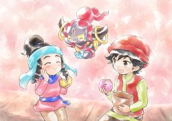 Rule 34 | 1boy, 1girl, :t, bag, baraz (pokemon), belt, black hair, blue headwear, blush, blush stickers, brown eyes, brown pants, child, closed eyes, closed mouth, colored sclera, creatures (company), doughnut, dress, eating, flat chest, floating, food, full body, game freak, gen 6 pokemon, green shirt, hair tie, hand up, hands up, happy, hat, high ponytail, highres, holding, holding bag, holding food, hoopa, hoopa (confined), legendary pokemon, long sleeves, looking at another, meray (pokemon), mythical pokemon, nintendo, open mouth, pants, paper bag, pink background, pink dress, pokemon, pokemon (anime), pokemon (creature), pokemon the movie: hoopa and the clash of ages, pokemon xy (anime), red headwear, red vest, sash, shirt, short hair, short ponytail, smile, vest, yellow sclera, yuki56