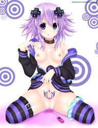 Rule 34 | 1girl, ;p, adult neptune, adult neptune (cosplay), bare shoulders, belt, blush, breasts, clothes lift, clothes pull, collarbone, commentary, corruption, cosplay, d-pad, d-pad hair ornament, empty eyes, female masturbation, hair between eyes, hair ornament, has bad revision, has censored revision, helvetica std, highres, hood, hooded jacket, jacket, jacket lift, jacket pull, lifted by self, looking at viewer, masturbation, medium hair, naughty face, neptune (neptunia), neptune (series), nipples, no bra, object insertion, off shoulder, one eye closed, panties, panties around leg, pubic tattoo, pulled by self, purple eyes, purple hair, pussy, pussy juice, seiza, sex toy, shin jigen game neptune vii, sitting, small breasts, solo, spread legs, striped clothes, striped panties, striped thighhighs, tattoo, thigh strap, thighhighs, tongue, tongue out, uncensored, underwear, vaginal, vaginal object insertion, vibrator