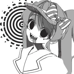 Rule 34 | 1girl, bow, greyscale, hair bow, hatsune miku, head tilt, highres, long hair, looking at viewer, mesmerizer (vocaloid), monochrome, open mouth, portrait, sharp teeth, sidelocks, simple background, smile, solo, striped bow, striped clothes, striped headwear, t h o m, teeth, twintails, very long hair, visor cap, vocaloid