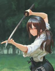 Rule 34 | 1girl, aro (charged time out), brown hair, dougi, focused, green eyes, hair between eyes, hair tie, hakama, hakama skirt, hand on sword, holding, holding sword, holding weapon, japanese clothes, katana, long hair, looking at viewer, nature, original, outdoors, parted bangs, parted lips, ponytail, scabbard, sheath, sidelocks, skirt, sleeves rolled up, solo, stance, standing, sword, tree, unsheathed, upper body, weapon
