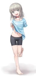 Rule 34 | 1girl, :d, amputee, bad id, bad pixiv id, barefoot, bike shorts, clothes lift, collar, fang, full body, grey eyes, grey hair, highres, looking at viewer, navel, open mouth, original, shirt, shirt lift, short hair, slave, smile, solo, standing, standing on one leg, striped clothes, striped shirt, yuyuzuki (yume usagi)