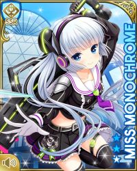 Rule 34 | 1girl, bag, black footwear, black gloves, black shirt, black skirt, blue eyes, blunt bangs, card, character name, checker pattern, closed mouth, day, girlfriend (kari), gloves, handbag, holding, holding weapon, miss monochrome, miss monochrome (character), official art, outdoors, qp:flapper, shirt, skirt, smile, solo, standing, standing on one leg, tagme, thighhighs, twintails, weapon, white hair