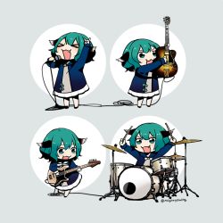 Rule 34 | 1girl, animal ears, black dress, blush, dog ears, dog tail, dress, drum, drumsticks, electric guitar, fang, green eyes, green hair, guitar, hair between eyes, holding, holding instrument, holding microphone, instrument, kasodani kyouko, katagiri (mighty swing), long sleeves, microphone, microphone stand, multiple views, music, open mouth, playing instrument, short hair, smile, tail, third-party source, touhou, twitter username