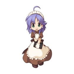 1girl ahoge apron brown_dress brown_footwear chibi chibi_only clipboard collared_dress dress earrings frilled_apron frills full_body gloves green_eyes holding holding_clipboard jewelry kafra_uniform looking_at_viewer maid maid_headdress medium_hair official_art open_mouth pavianne_(ragnarok_online) puffy_short_sleeves puffy_sleeves purple_hair ragnarok_online shoes short_sleeves simple_background smile solo sphere_earrings transparent_background white_apron white_gloves yuichirou