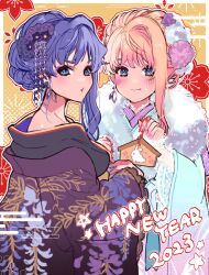 Rule 34 | 2023, 2girls, blonde hair, blue eyes, blush, chinese zodiac, closed mouth, commentary request, dual persona, earrings, ema, facial mark, flower, fur-trimmed kimono, fur trim, hair flower, hair ornament, happy new year, highres, holding, japanese clothes, jewelry, kimono, long hair, long sleeves, looking at viewer, macross, macross frontier, multiple girls, new year, pink nails, purple hair, rabbit, sechi (stst1850), sheryl nome, single earring, single sidelock, smile, star (symbol), year of the rabbit