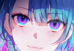 Rule 34 | 1girl, 58 (opal 00 58), absurdres, blue eyes, blue hair, close-up, closed mouth, commentary, english commentary, eye focus, eyelashes, gradient eyes, gradient hair, hair between eyes, highres, light smile, looking at viewer, makeup, mole, mole under eye, multicolored eyes, multicolored hair, original, pink background, pink eyes, portrait, purple eyes, purple hair, revision, sidelocks, solo