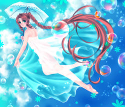 Rule 34 | 1girl, aerith gainsborough, bare shoulders, barefoot, brown hair, bubble, curly hair, dress, final fantasy, final fantasy vii, final fantasy vii remake, full body, green eyes, long hair, mr.chinuck, parasol, ringlets, see-through, solo, square enix, umbrella, very long hair, white dress