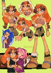 Rule 34 | 1boy, 2girls, absurdres, ahoge, alternate costume, amy rose, bag, blue eyes, blue hair, boomerang, brown scarf, closed eyes, dress, ear piercing, gloves, green eyes, hand on another&#039;s shoulder, handbag, headband, highres, historiaallen, holding, holding weapon, humanization, jacket, midriff, multiple girls, musical note, nervous sweating, open clothes, open jacket, orange hair, piercing, pink hair, purple bag, purple headband, scarf, sleeveless, sonic (series), sonic boom (series), sonic the hedgehog, sticks the badger, sweat, twintails, twitter username, weapon, white gloves