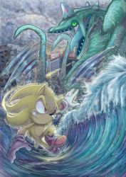 Rule 34 | 1boy, artist request, battle, billboard, building, chaos (sonic), city, cloud, cloudy sky, red eyes, sky, sonic the hedgehog, sonic adventure, sonic (series), super sonic, water