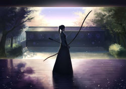 Rule 34 | 1girl, archery, arrow (projectile), backlighting, bad id, bad pixiv id, blurry, bokeh, bow (weapon), depth of field, gloves, hakama, hakama skirt, japanese clothes, kyuudou, lor968, muneate, original, partially fingerless gloves, partly fingerless gloves, skirt, sky, solo, tree, weapon, wooden floor, yugake, yumi (bow)