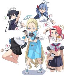 Rule 34 | 6+girls, ?, ako (blue archive), arm up, armpits, barcode scanner, bell, black gloves, black hair, black shirt, black skirt, blonde hair, blue archive, blue eyes, blue hair, blush, bow, bowtie, braid, breast pocket, breasts, breath, cable, china dress, chinese clothes, closed mouth, clothes lift, coat, collared shirt, double bun, dress, drooling, gloves, grey eyes, hair bun, halo, heavy breathing, highres, id card, izuna (blue archive), jacket, kisaki (blue archive), large breasts, lifted by self, long hair, miniskirt, momomatang, mouth drool, multiple girls, multiple views, navel, neck bell, neckerchief, open mouth, pocket, raised eyebrows, red hair, red neckerchief, sailor collar, scrunchie, shirt, shirt lift, shoes, skirt, sleeveless, sleeveless dress, small breasts, sneakers, socks, solo focus, sora (blue archive), sound effects, spoken question mark, standing, sweat, sweatdrop, thigh strap, thighs, twintails, two side up, v-shaped eyebrows, white coat, white footwear, white jacket, white shirt, white socks, wings, wrist scrunchie, yuuka (blue archive), yuzu (blue archive)