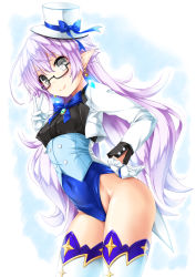 Rule 34 | 1girl, black-framed eyewear, black shirt, blue bow, blue leotard, bow, breasts, brooch, character request, commentary request, commission, covered navel, cropped jacket, earrings, elsword, glasses, gloves, grey eyes, groin, hair between eyes, hand up, hat, hat bow, highleg, highleg leotard, highres, jacket, jewelry, kamiya tomoe, leotard, long hair, long sleeves, luciela r. sourcream, mini hat, mini top hat, open clothes, open jacket, pixiv commission, pointy ears, purple hair, semi-rimless eyewear, shirt, small breasts, solo, thighhighs, tilted headwear, top hat, under-rim eyewear, v, very long hair, white gloves, white hat, white jacket, white thighhighs