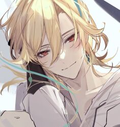 Rule 34 | 1boy, blonde hair, blush, closed mouth, collarbone, earrings, eyelashes, genshin impact, gumilkx, hair between eyes, highres, jewelry, kaveh (genshin impact), long hair, looking at viewer, male focus, portrait, red eyes, shirt, simple background, sketch, solo, white shirt