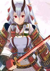 Rule 34 | 1girl, armor, bad id, bad pixiv id, commentary request, fate/grand order, fate (series), highres, holding, horns, kanzaki kureha, katana, long hair, looking at viewer, oni horns, red eyes, silver hair, smile, solo, sword, tomoe gozen (fate), weapon