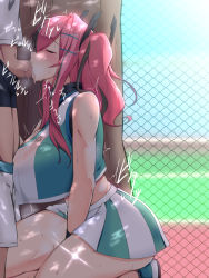 Rule 34 | 1boy, 1girl, azur lane, between legs, black male underwear, blush, boxer briefs, breasts, bremerton (azur lane), bremerton (scorching-hot training) (azur lane), censored, chain-link fence, cleavage, closed eyes, clothes pull, commentary request, cowboy shot, crop top, crop top overhang, diffraction spikes, fellatio, female masturbation, fence, from side, green shirt, green skirt, grey hair, hair between eyes, hair ornament, hairclip, hand between legs, hetero, huge breasts, kneeling, large breasts, long hair, male underwear, masturbation, midriff, mosaic censoring, multicolored hair, oral, out of frame, penis, pink hair, reta su gohan, shade, shirt, shoes, shorts, shorts pull, sidelocks, skirt, sleeveless, sleeveless shirt, sneakers, solo focus, sportswear, standing, streaked hair, sweat, tennis court, tennis uniform, tree, twintails, two-tone hair, two-tone skirt, underwear, wet, wet clothes, wet shirt, white shirt, white skirt